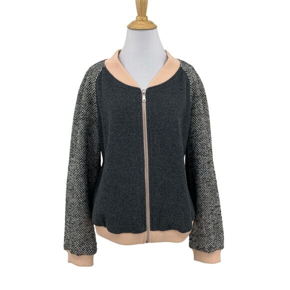 Rebecca Minkoff Jacket Womens L Large Grey Pink Herringbone Wool Blend Contrast - Picture 1 of 14